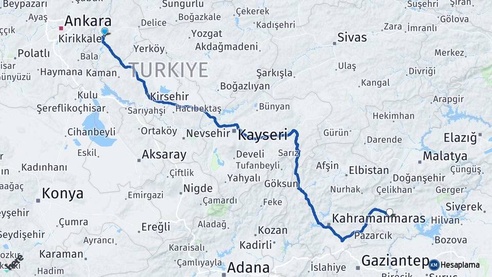 Kırıkkale Besni Adıyaman Arası Kaç Km - Yol Haritası