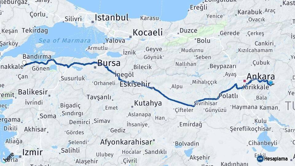 Kırıkkale Biga Çanakkale Arası Kaç Km - Yol Haritası