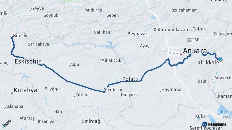 Kırıkkale Bilecik Arası Kaç Km - Yol Haritası