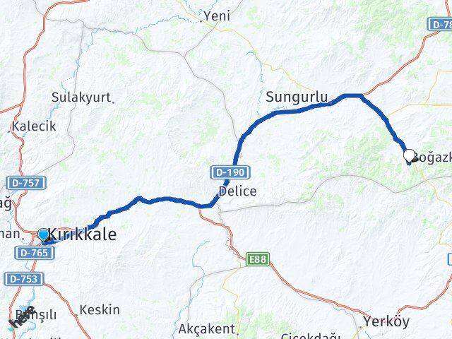 Kırıkkale Boğazkale Çorum Arası Kaç Km - Yol Haritası