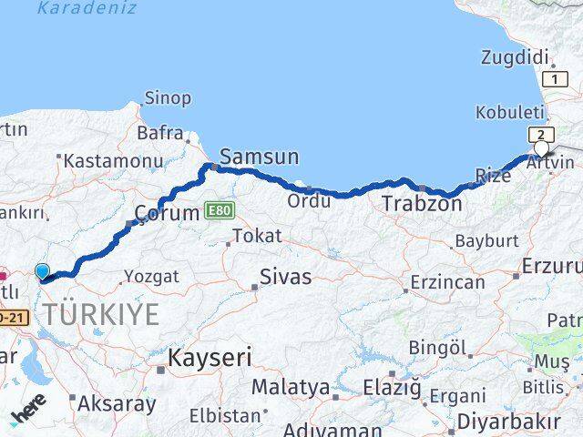 Kırıkkale Borçka Artvin Arası Kaç Km - Yol Haritası