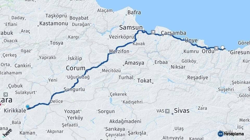 Kırıkkale Bulancak Giresun Arası Kaç Km - Yol Haritası