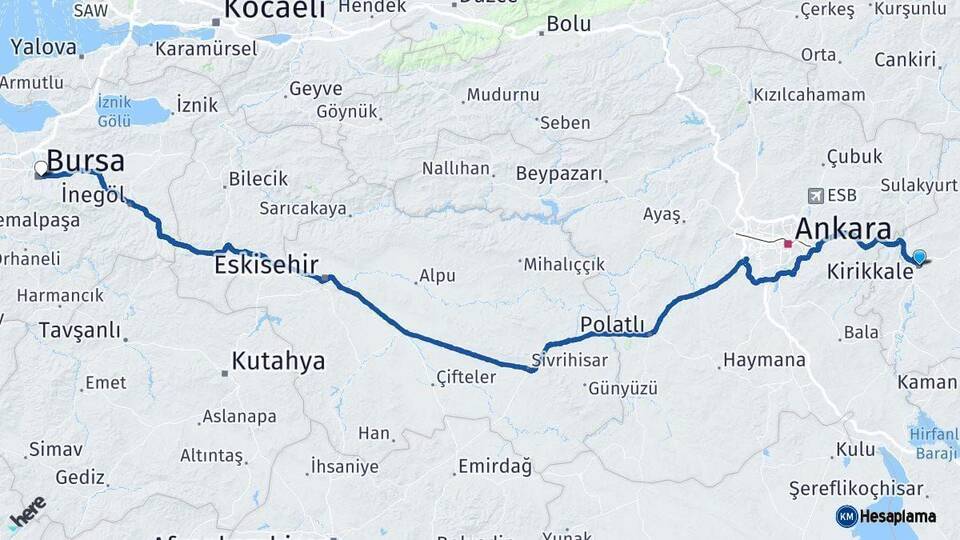 Kırıkkale Bursa Arası Kaç Km - Yol Haritası