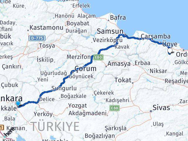 Kırıkkale Çamaş Ordu Arası Kaç Km - Yol Haritası