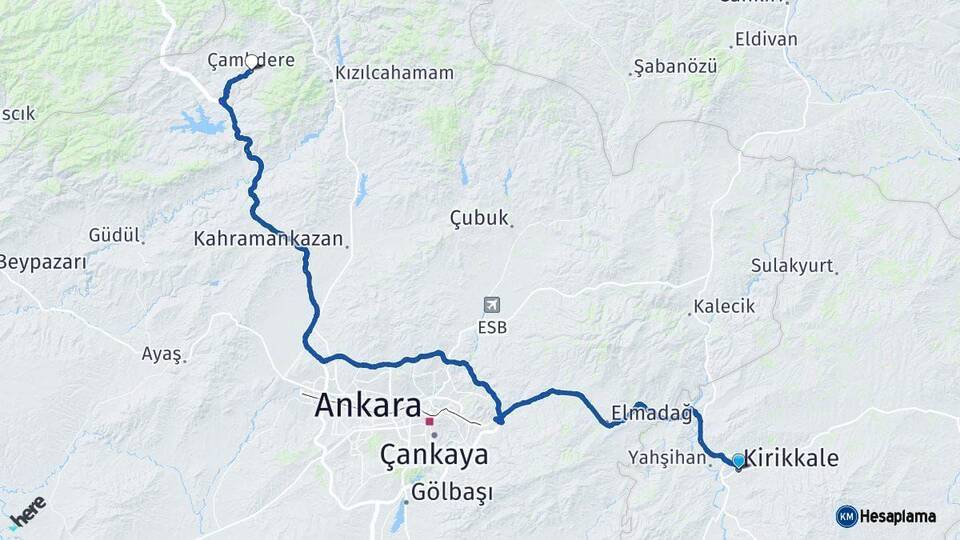 Kırıkkale Çamlıdere Ankara Arası Kaç Km - Yol Haritası