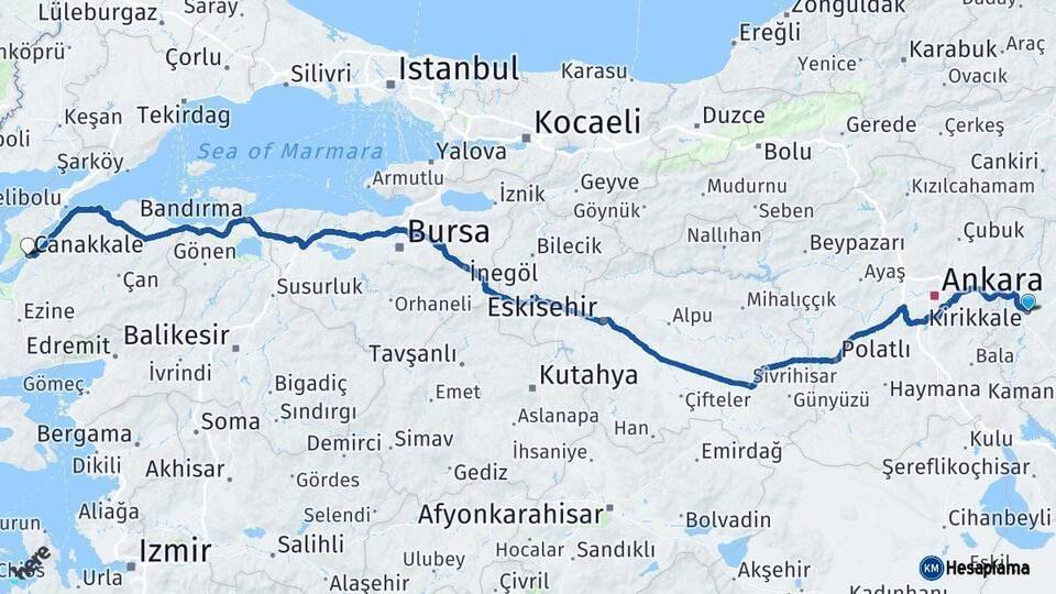 Kırıkkale Çanakkale Arası Kaç Km - Yol Haritası