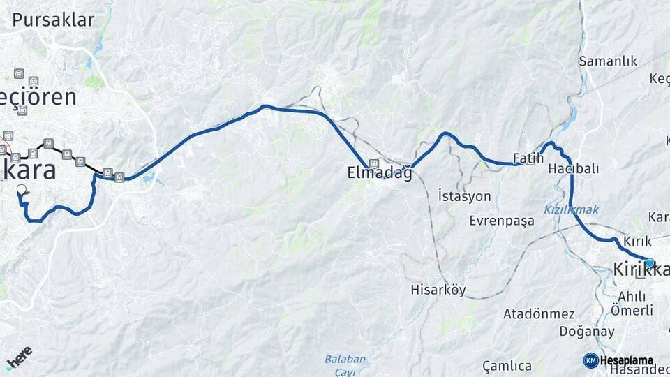 Kırıkkale Çankaya Ankara Arası Kaç Km - Yol Haritası