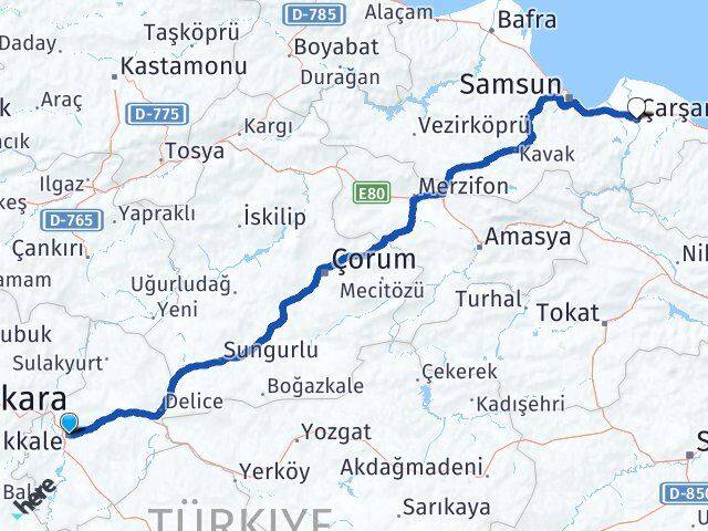Kırıkkale Çarşamba Samsun Arası Kaç Km - Yol Haritası