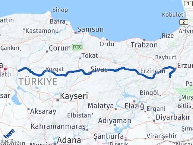 Kırıkkale Çat Erzurum Arası Kaç Km - Yol Haritası