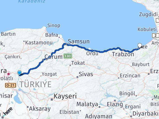 Kırıkkale Çayeli Rize Arası Kaç Km - Yol Haritası