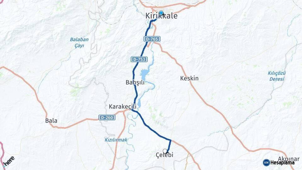 Kırıkkale Çelebi Arası Kaç Km - Yol Haritası