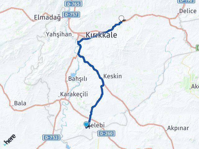 Kırıkkale Çelebi Balışeyh Arası Kaç Km - Yol Haritası