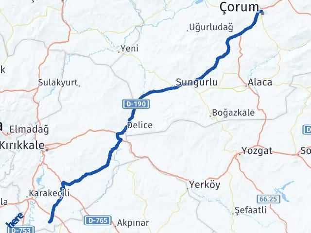 Kırıkkale Çelebi Çorum Arası Kaç Km - Yol Haritası