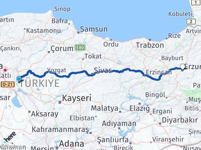 Kırıkkale Çelebi Erzurum Arası Kaç Km - Yol Haritası