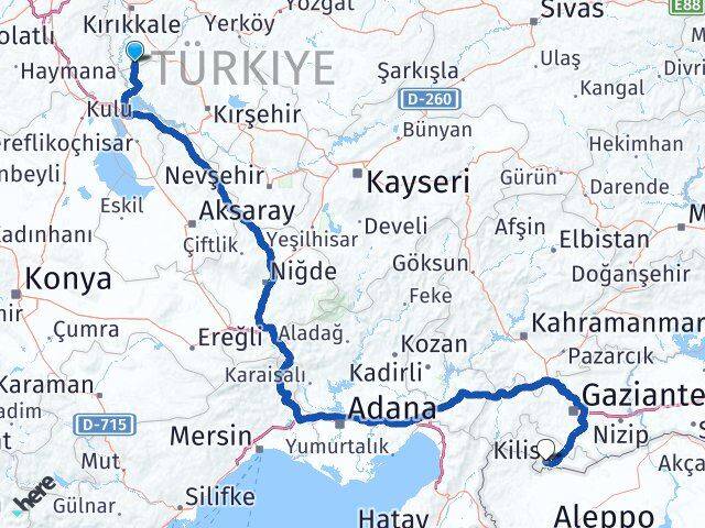 Kırıkkale Çelebi Kilis Arası Kaç Km - Yol Haritası