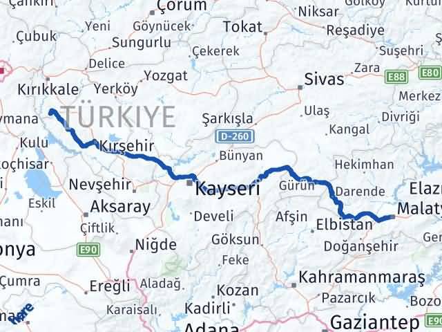 Kırıkkale Çelebi Malatya Arası Kaç Km - Yol Haritası