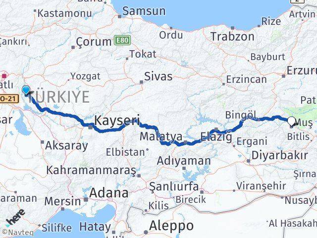 Kırıkkale Çelebi Muş Arası Kaç Km - Yol Haritası