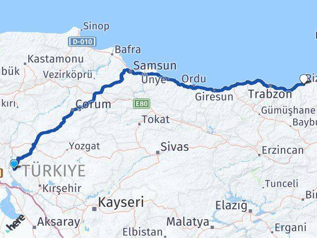 Kırıkkale Çelebi Rize Arası Kaç Km - Yol Haritası