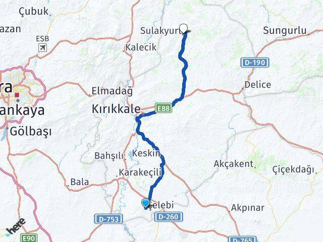 Kırıkkale Çelebi Sulakyurt Arası Kaç Km - Yol Haritası