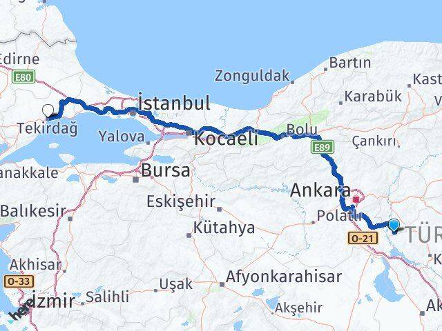 Kırıkkale Çelebi Tekirdağ Arası Kaç Km - Yol Haritası