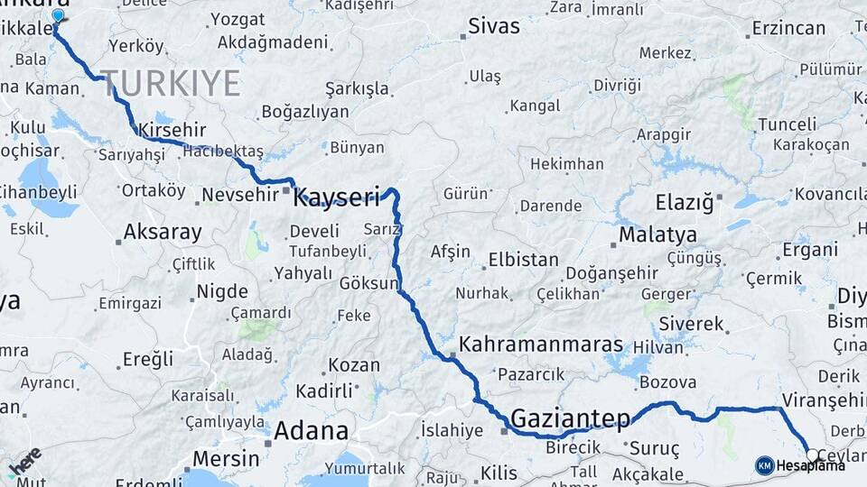 Kırıkkale Ceylanpınar Şanlıurfa Arası Kaç Km - Yol Haritası