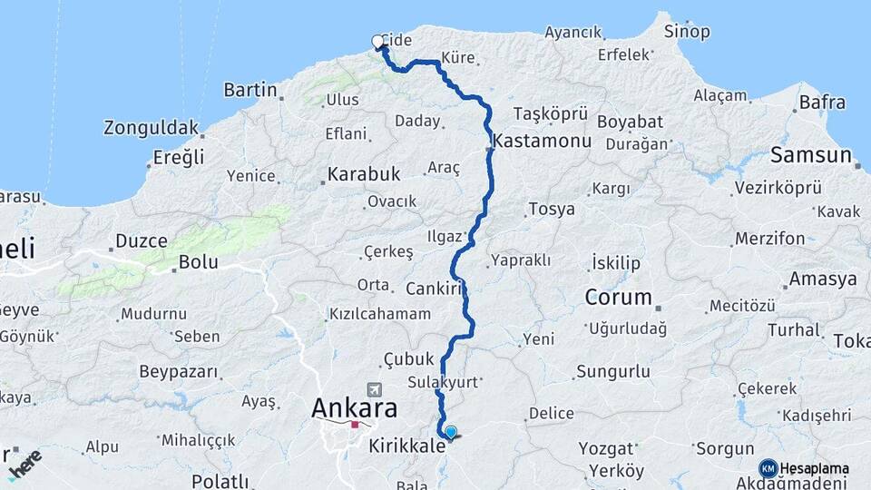 Kırıkkale Cide Kastamonu Arası Kaç Km - Yol Haritası