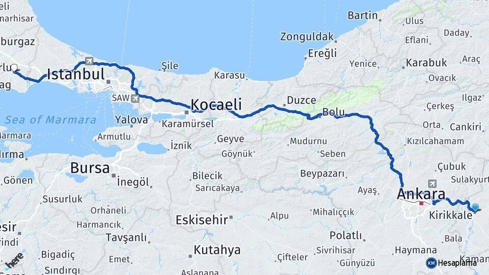 Kırıkkale Çorlu Tekirdağ Arası Kaç Km - Yol Haritası