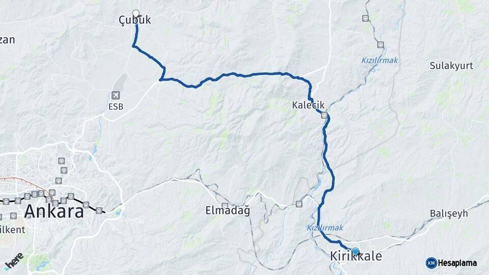Kırıkkale Çubuk Ankara Arası Kaç Km - Yol Haritası
