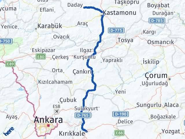 Kırıkkale Daday Kastamonu Arası Kaç Km - Yol Haritası
