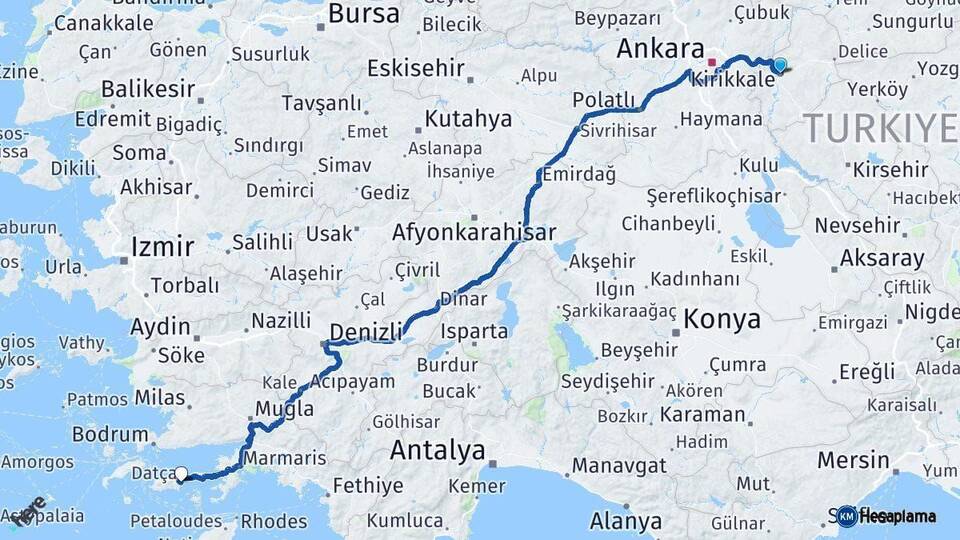 Kırıkkale Datça Muğla Arası Kaç Km - Yol Haritası