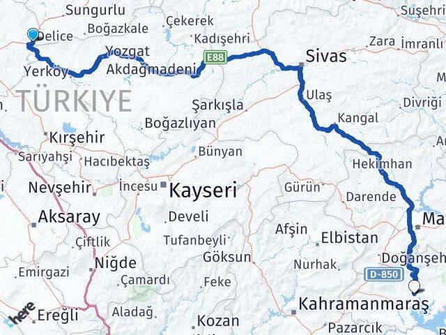 Kırıkkale Delice Adıyaman Arası Kaç Km - Yol Haritası