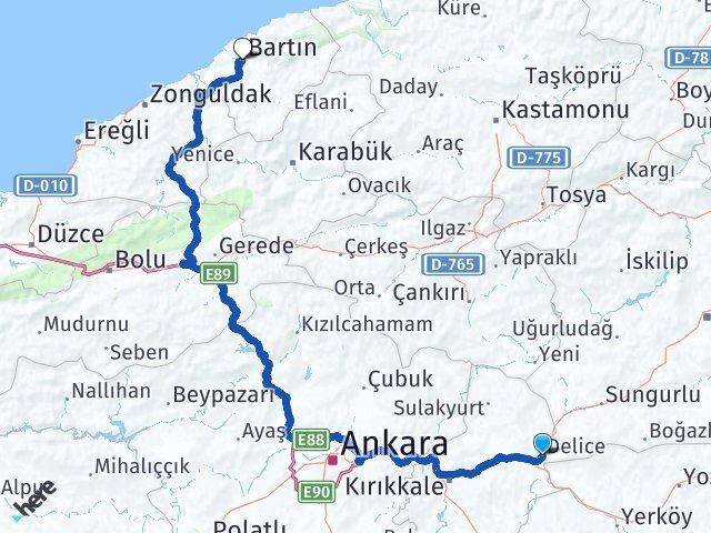 Kırıkkale Delice Bartın Arası Kaç Km - Yol Haritası