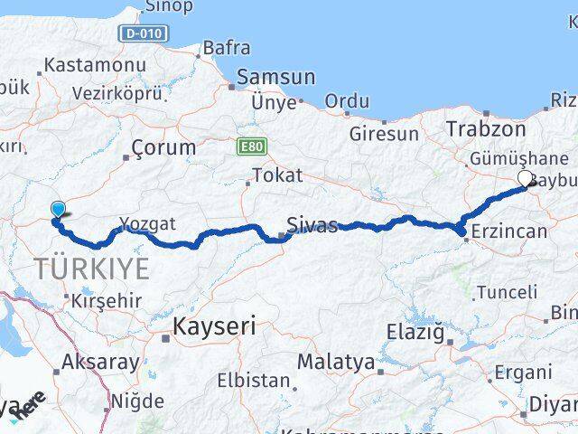 Kırıkkale Delice Bayburt Arası Kaç Km - Yol Haritası