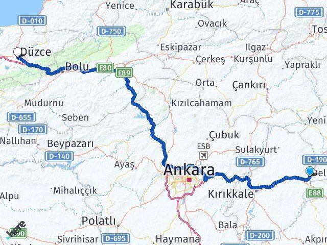 Kırıkkale Delice Düzce Arası Kaç Km - Yol Haritası