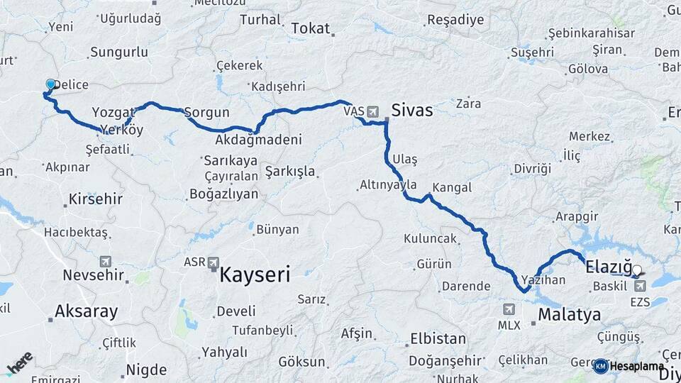 Kırıkkale Delice Elazığ Arası Kaç Km - Yol Haritası