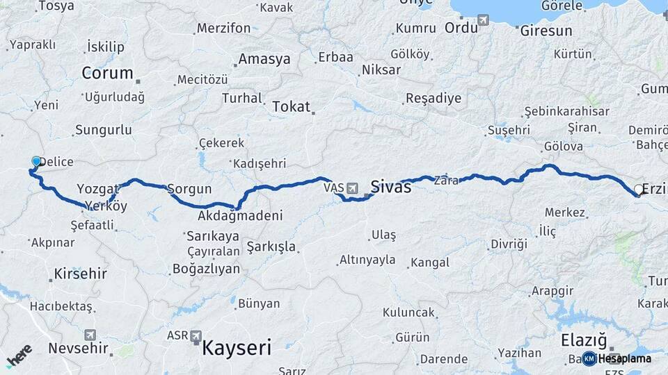 Kırıkkale Delice Erzincan Arası Kaç Km - Yol Haritası