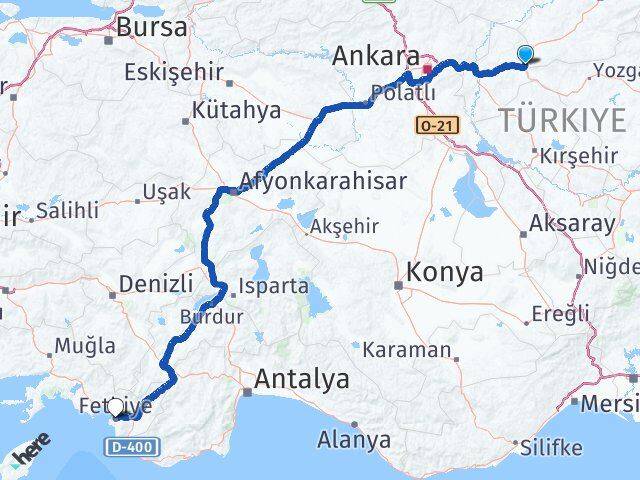 Kırıkkale Delice Fethiye Muğla Arası Kaç Km - Yol Haritası