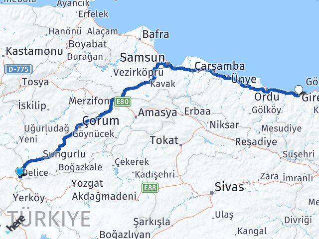 Kırıkkale Delice Giresun Arası Kaç Km - Yol Haritası