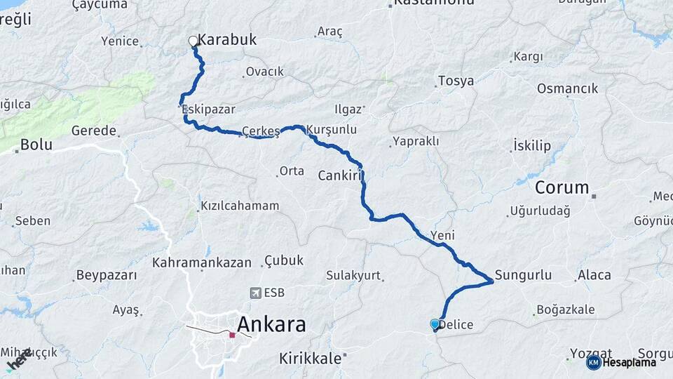 Kırıkkale Delice Karabük Arası Kaç Km - Yol Haritası