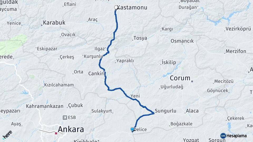 Kırıkkale Delice Kastamonu Arası Kaç Km - Yol Haritası