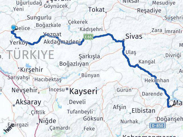 Kırıkkale Delice Malatya Arası Kaç Km - Yol Haritası