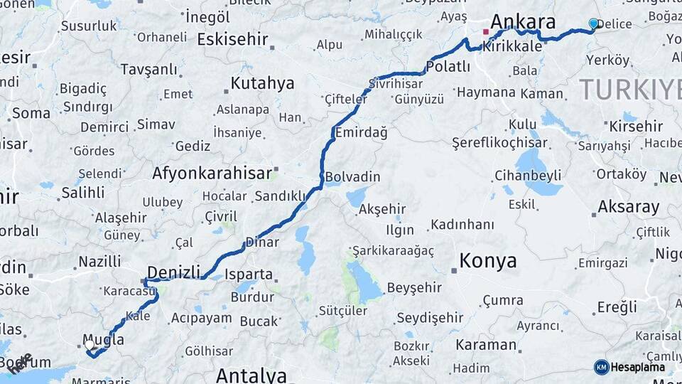 Kırıkkale Delice Muğla Arası Kaç Km - Yol Haritası