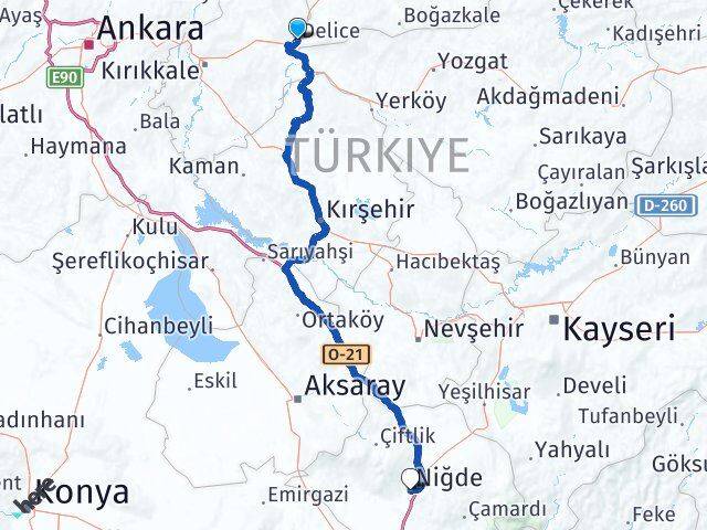Kırıkkale Delice Niğde Arası Kaç Km - Yol Haritası