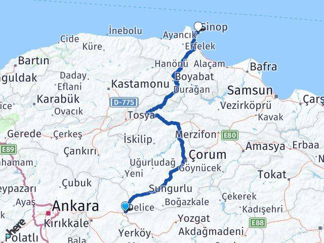 Kırıkkale Delice Sinop Arası Kaç Km - Yol Haritası