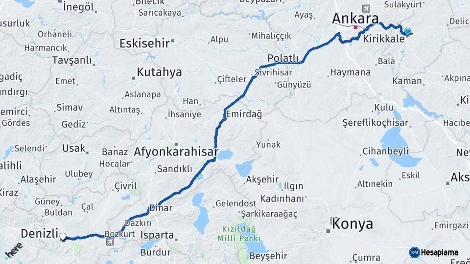 Kırıkkale Denizli Arası Kaç Km - Yol Haritası