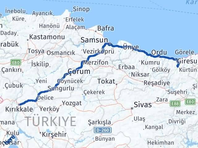 Kırıkkale Dereli Giresun Arası Kaç Km - Yol Haritası