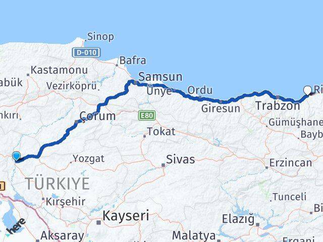 Kırıkkale Derepazarı Rize Arası Kaç Km - Yol Haritası