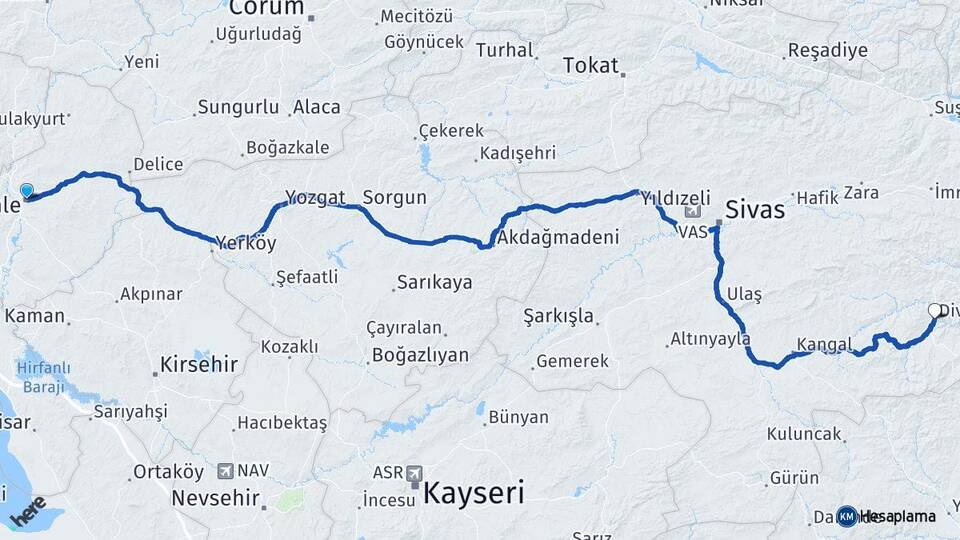 Kırıkkale Divriği Sivas Arası Kaç Km - Yol Haritası