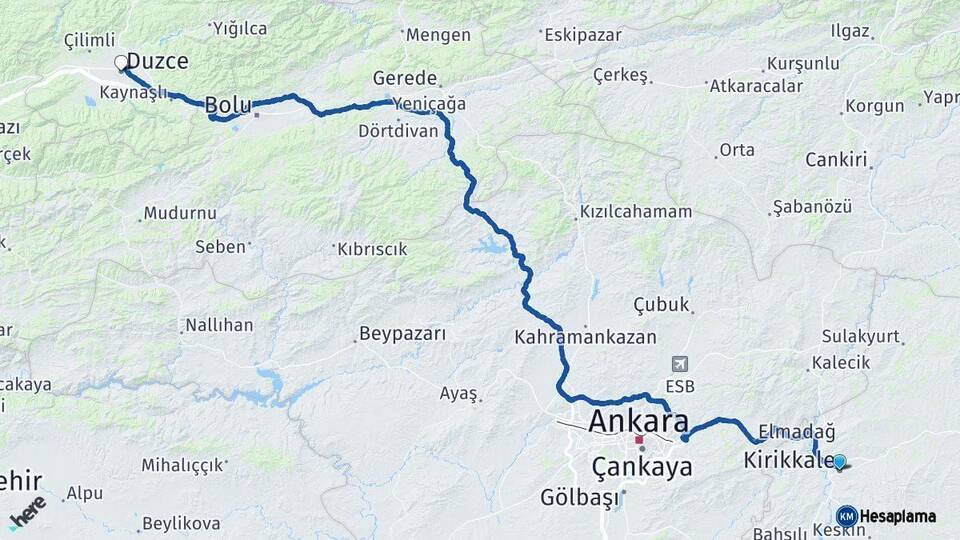 Kırıkkale Düzce Arası Kaç Km - Yol Haritası