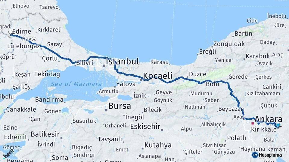 Kırıkkale Edirne Arası Kaç Km - Yol Haritası